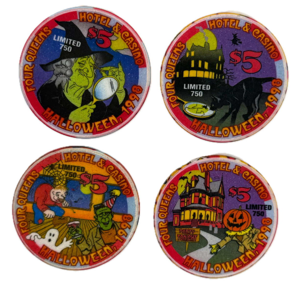 Four Queens Casino Las Vegas NV Halloween Set of 4 $5 Chips 1998