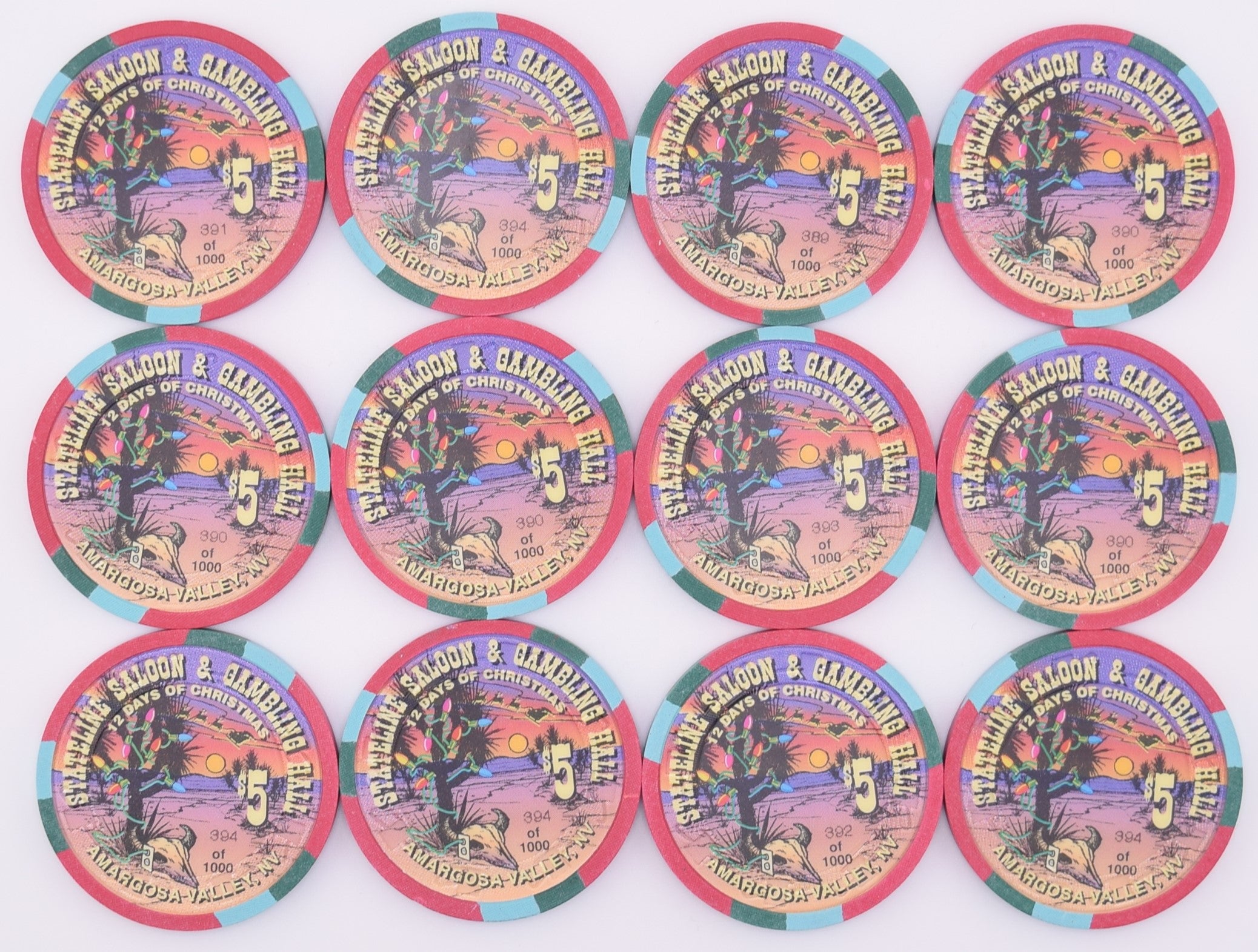 Stateline Saloon Casino Amargosa Valley NV Set of 12 $5 Chips with 12 Days of Christmas 1996