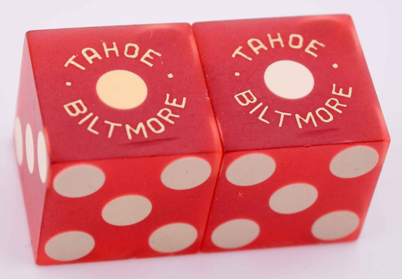Tahoe Biltmore Casino Lake Tahoe Nevada Pair of Red Sanded Matching Number Dice 1980s/90s