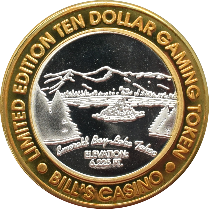 Bill's Casino Lake Tahoe Nevada "Emerald Bay-Lake Tahoe 6,225 Ft." $10 Silver Strike .999 Fine Silver 1996