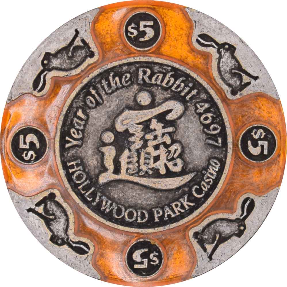 Hollywood Park Casino Inglewood California $5 Year of the Rabbit Brass Chip 1999
