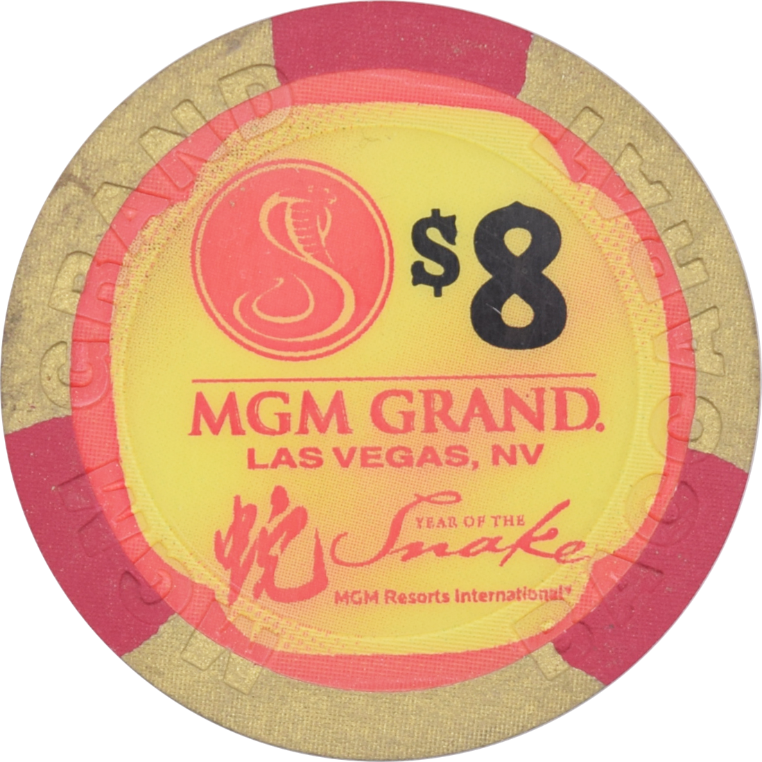 MGM Grand Casino Las Vegas Nevada $8 Year of the Snake 43mm Chip 2013