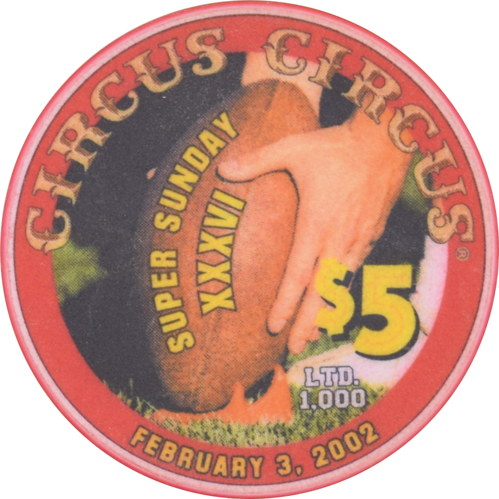 Circus Circus Casino Las Vegas Nevada $5 Super Sunday XXXVI Chip 2002