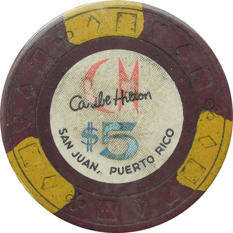 Caribe Hilton Casino San Juan Puerto Rico $5 Ewing 3 Mustard Edge Spots Chip