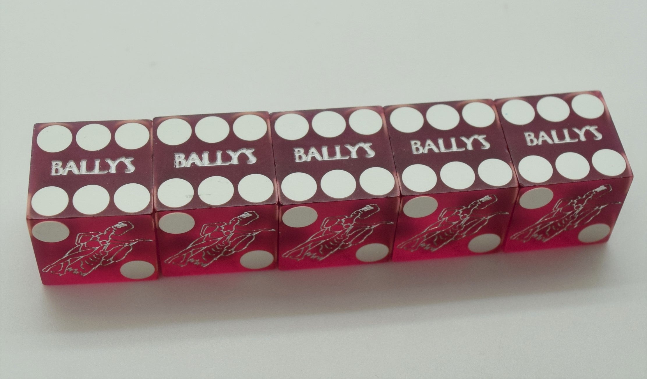 Bally's Casino Stick of 5 Used Matching Purple Jubilee Dancer Dice Las Vegas Nevada