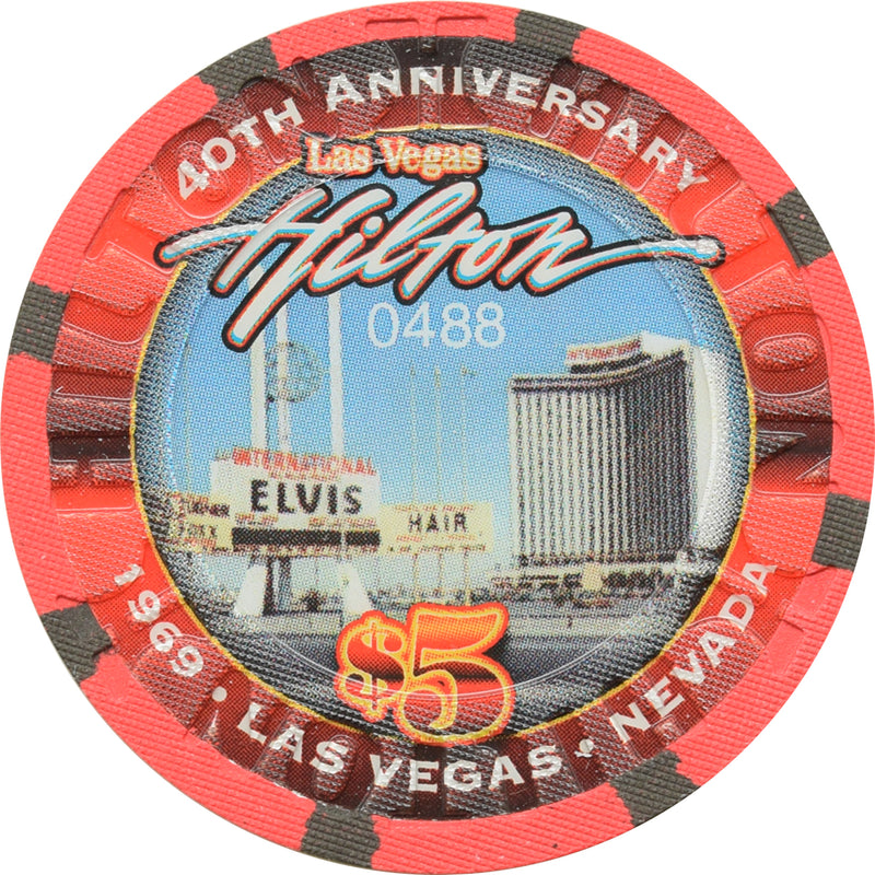 Las Vegas Hilton Casino Las Vegas Nevada $5 40th Anniversary With Elvis Sign Chip 2009