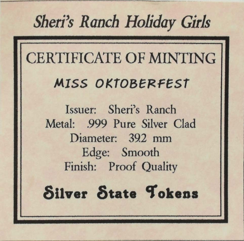 Sheri's Ranch Brothel Pahrump Nevada .999 Silver Clad "Miss Oktoberfest" Silver State Token
