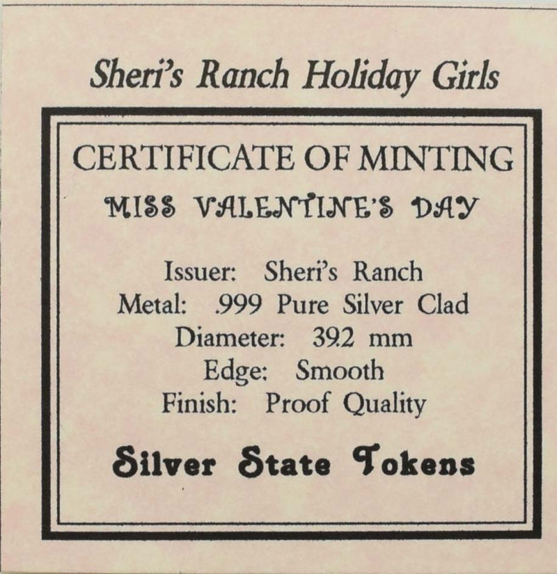 Sheri's Ranch Brothel Pahrump Nevada .999 Silver Clad "Miss Valentines" Silver State Token
