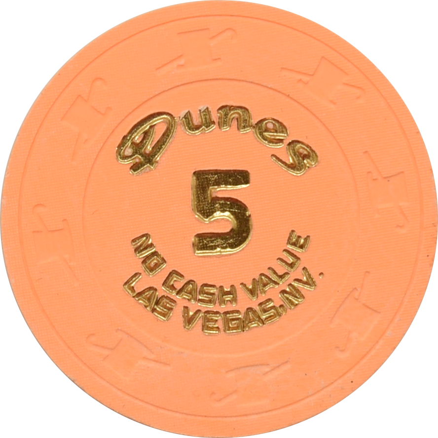 Dunes Casino Las Vegas Nevada $5 NCV Chip 1980s Arc Yellow