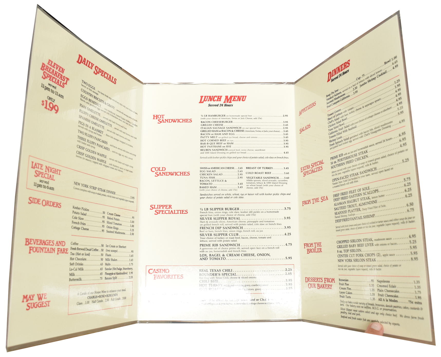 Silver Slipper Casino Las Vegas Nevada Tri-Fold Menu