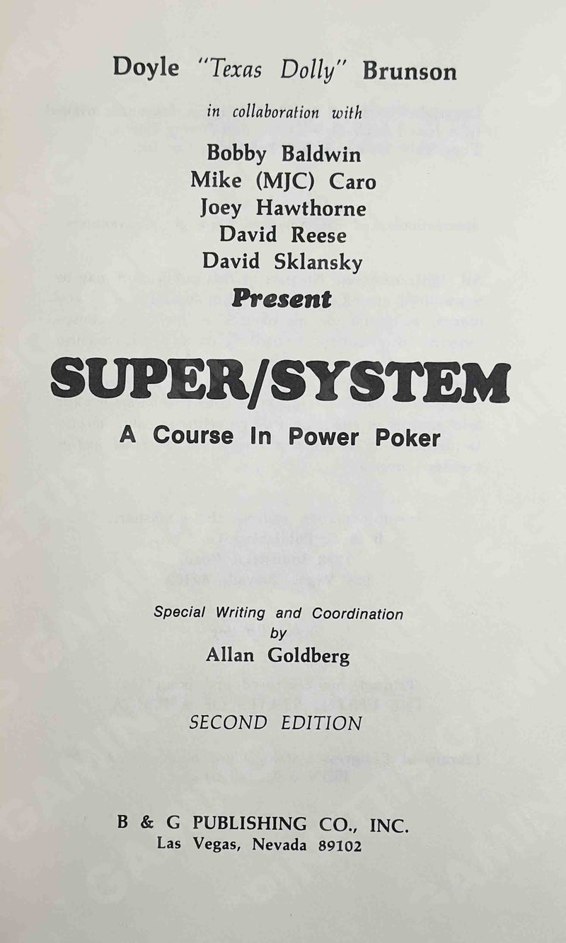 Doyle Brunson's Super System A Course in Power Poker Hard Cover Signed Book 1979