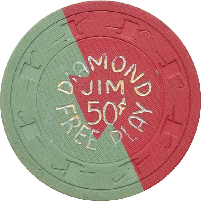 Diamond Jim's Nevada Club Casino Las Vegas Nevada 50 Cent Free Play Green Base Red Dovetail Chip 1962