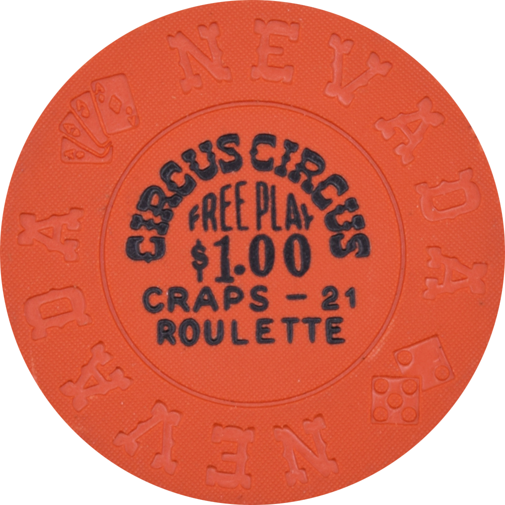 Circus Circus Casino Las Vegas Nevada $1 Free Play Craps-21 Roulette Chip 1970s