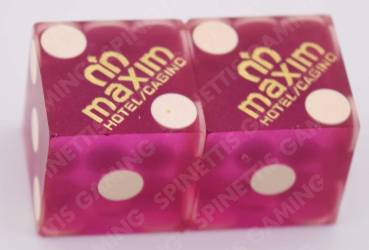 Maxim Casino Las Vegas Nevada Gold Foil Matching Logo Purple Dice Pair