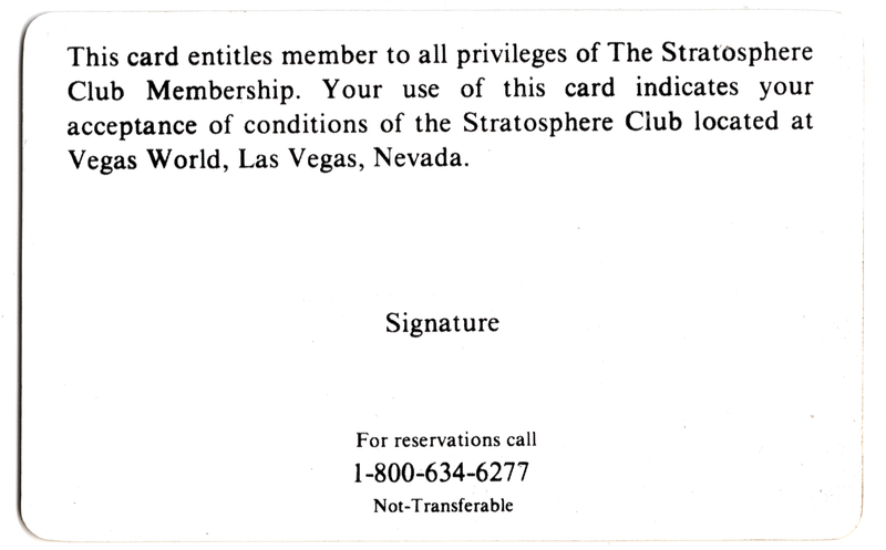 Vegas World Casino Stratosphere Club Players Card