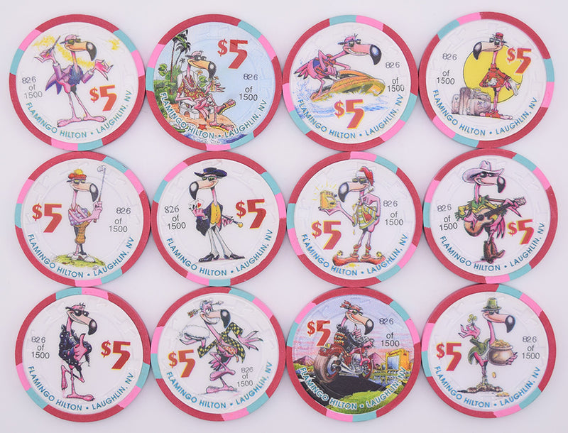 Flamingo Hilton Casino Laughlin Nevada $5 Cool Bird Set of 12 Chips