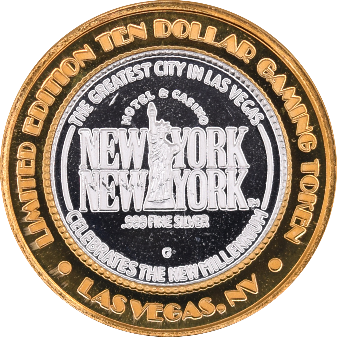 New York New York Casino Las Vegas "4th Anniversary" $10 Silver Strike .999 Fine Silver 2001