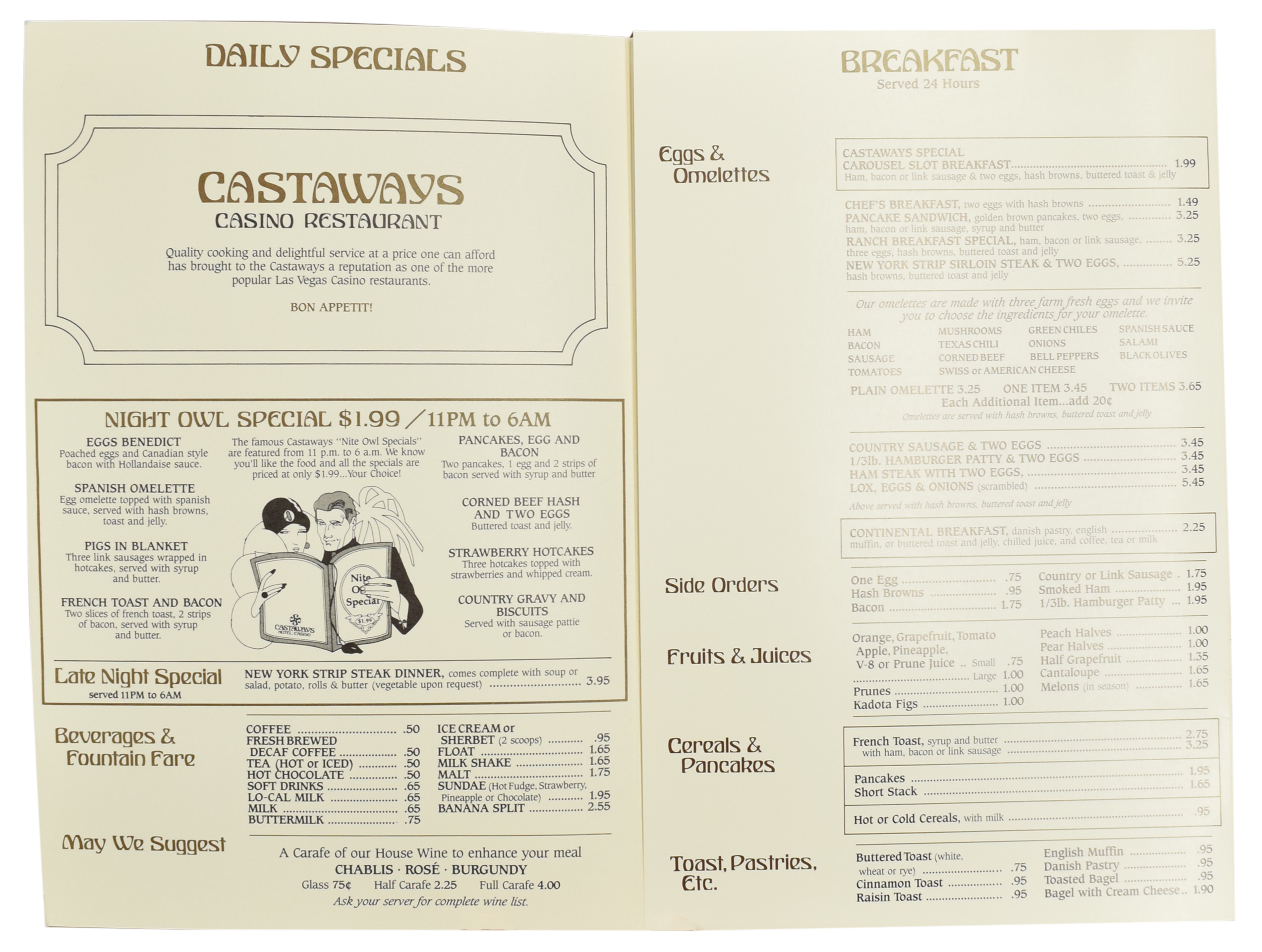 Castaways Casino Las Vegas Nevada Tri-Fold Menu