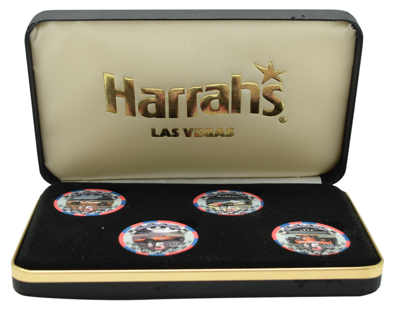Harrah's Casino Las Vegas Nevada Set of 4 Different Race Car $5 Chips with Case 2001