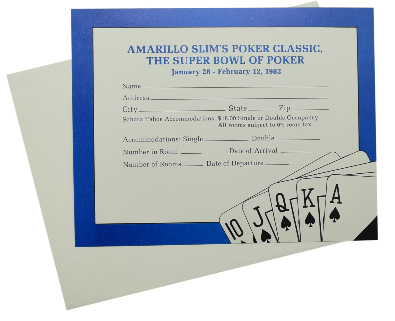 Sahara Tahoe Casino Lake Tahoe Nevada Amarillo Slim's Poker Classic Super Bowl of Poker 1982 Invite