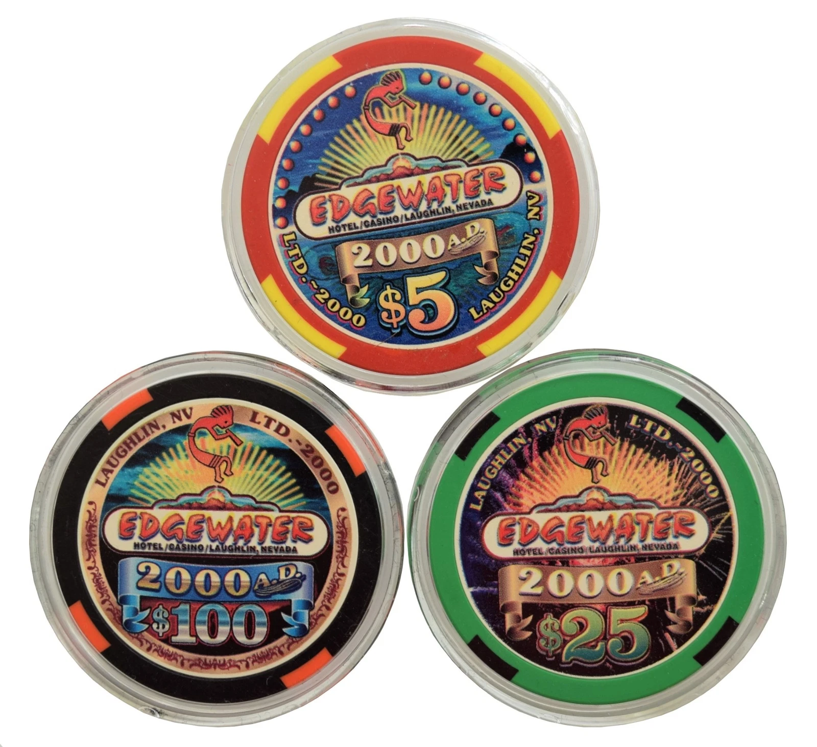 Set of 3 Edgewater $5-$25-$100 Casino Chips #0052 Laughlin NV Millennium Series
