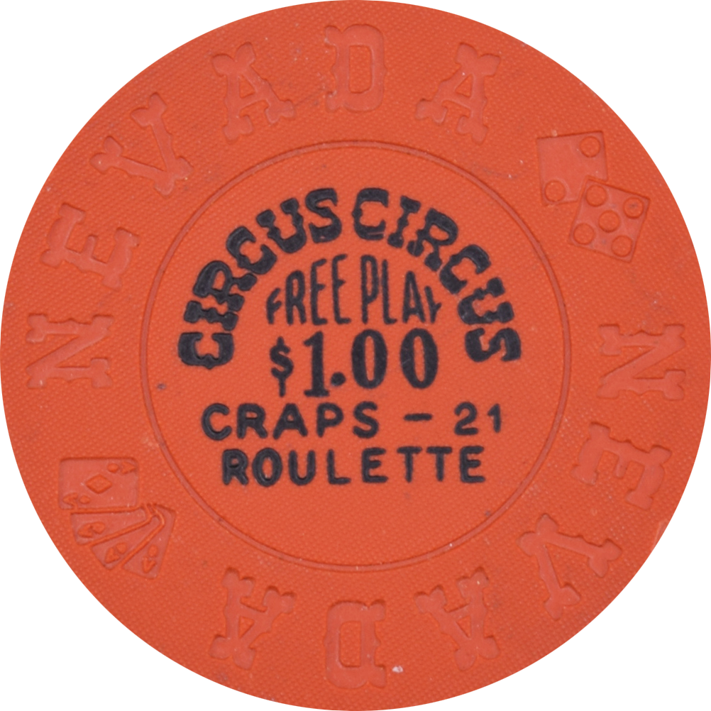 Circus Circus Casino Las Vegas Nevada $1 Free Play Craps-21 Roulette Chip 1970s