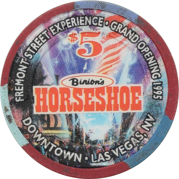 Binion's Horseshoe Club Casino Las Vegas Nevada $5 Fremont Street Experience Grand Opening Chip 1995