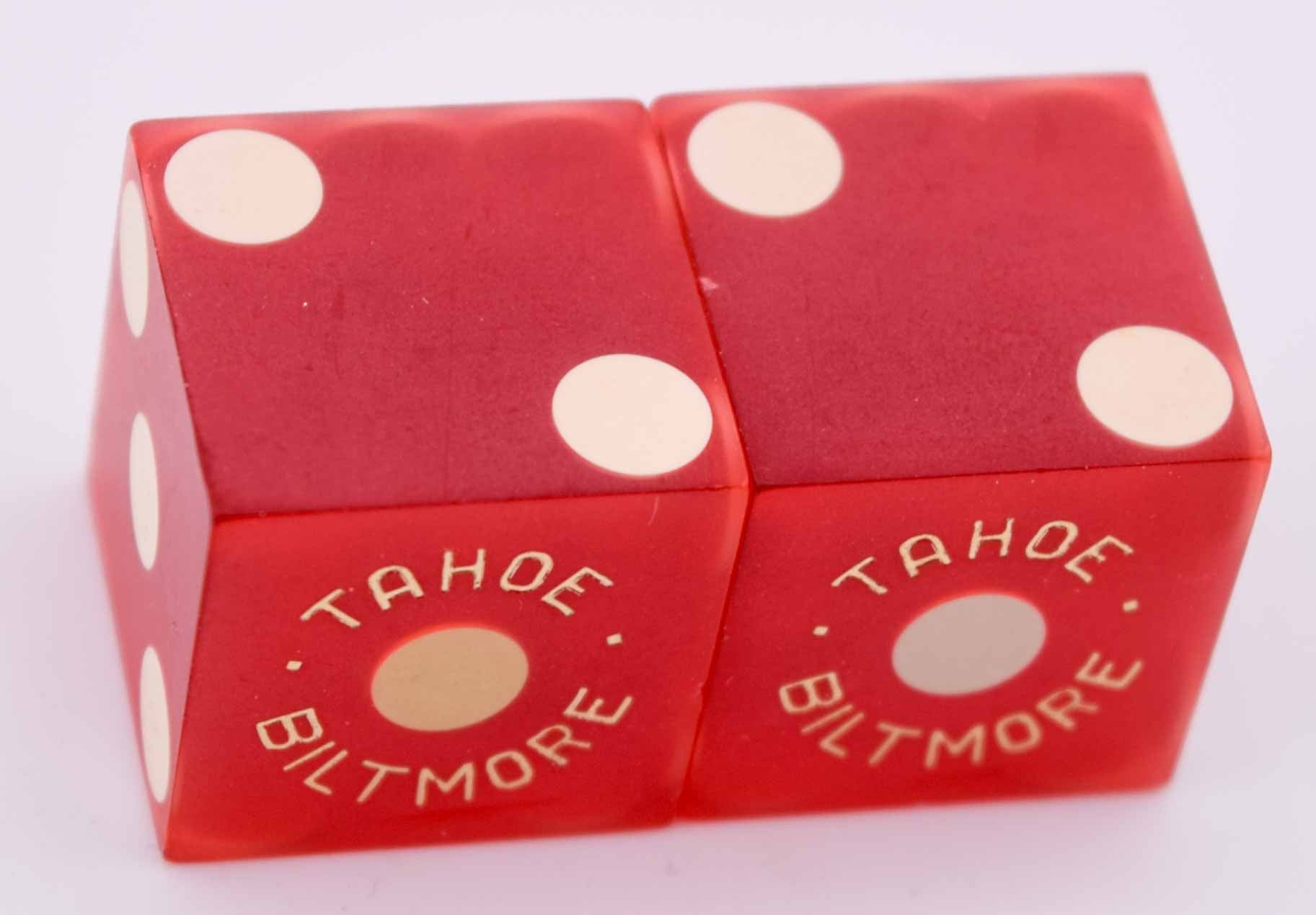 Tahoe Biltmore Casino Lake Tahoe Nevada Pair of Red Sanded Matching Number Dice 1980s/90s