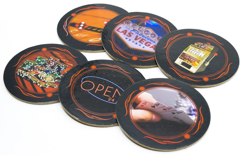 Las Vegas Casino Themed Round Coasters - Perfect for Your Party - Set of 6