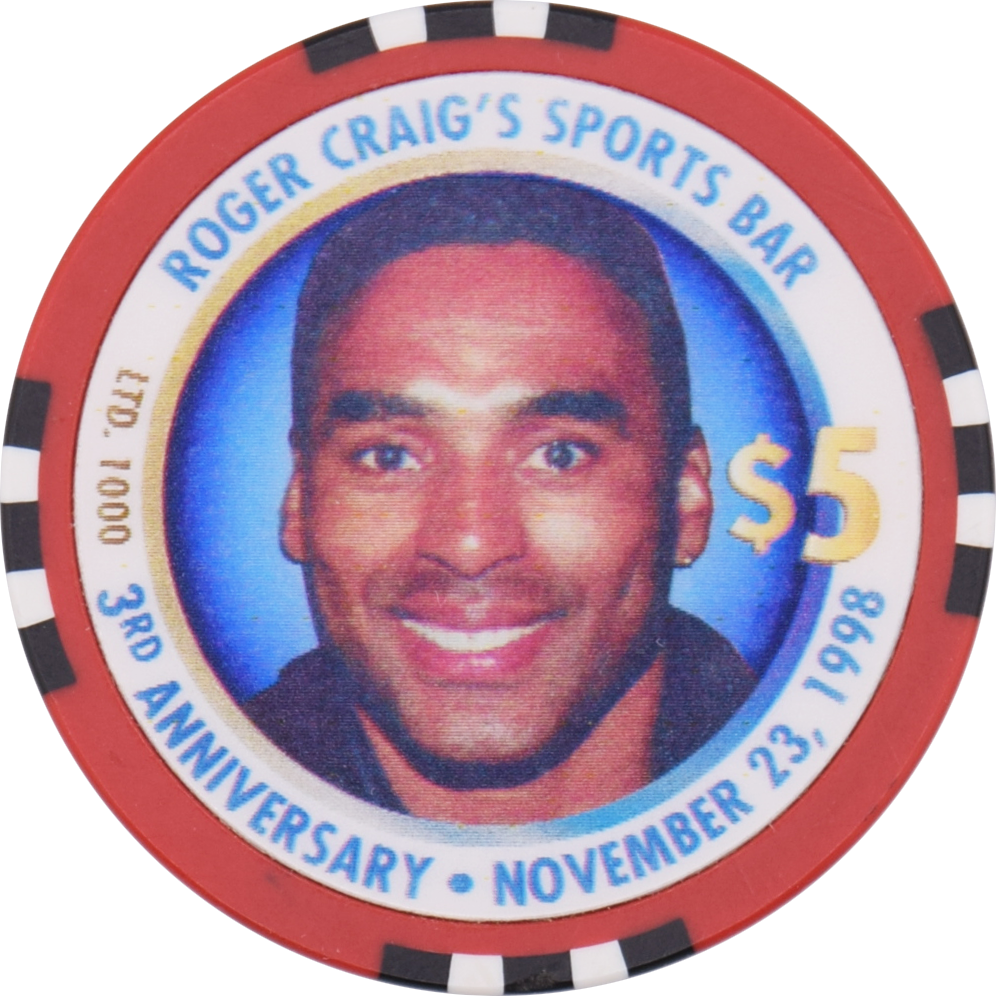 Lady Luck Casino Bettendorf Quad Cities Iowa $5 Roger Craig's Sports Bar 3rd Anniversary Chip 1997