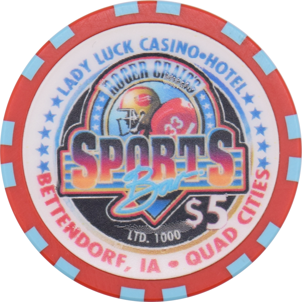 Lady Luck Casino Bettendorf Quad Cities Iowa $5 Roger Craig's Sports Bar 4th Anniversary Chip 1999