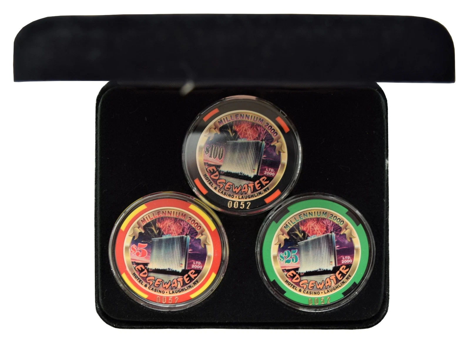 Set of 3 Edgewater $5-$25-$100 Casino Chips #0052 Laughlin NV Millennium Series