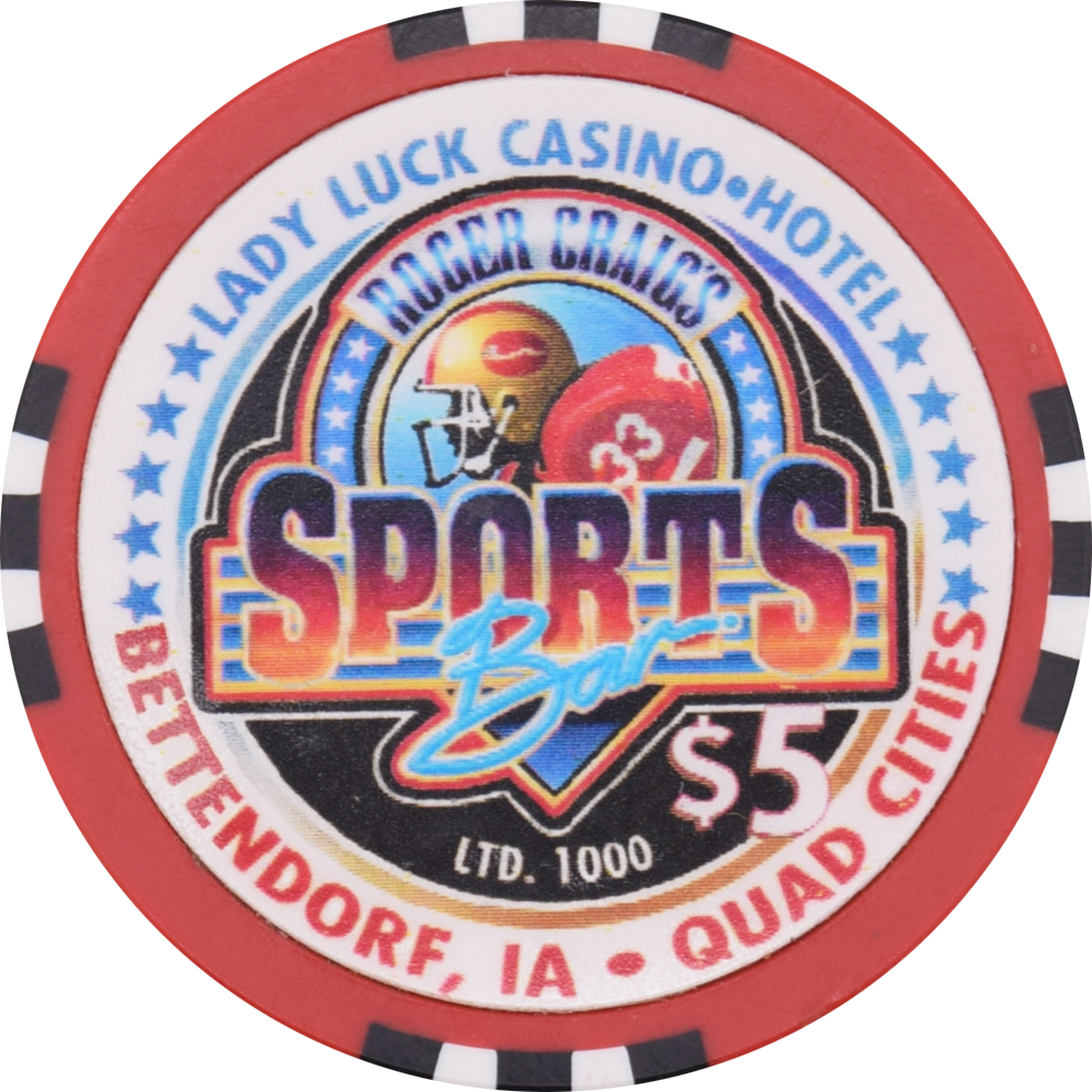 Lady Luck Casino Bettendorf Quad Cities Iowa $5 Roger Craig's Sports Bar 3rd Anniversary Chip 1997