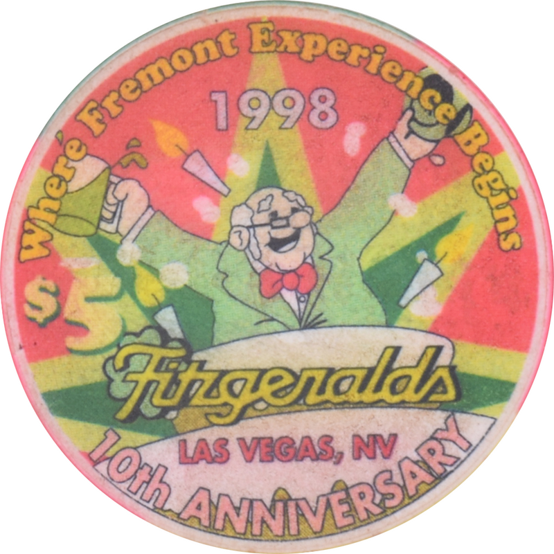 Fitzgeralds Casino Las Vegas Nevada $5 10th Anniversary Chip 1998