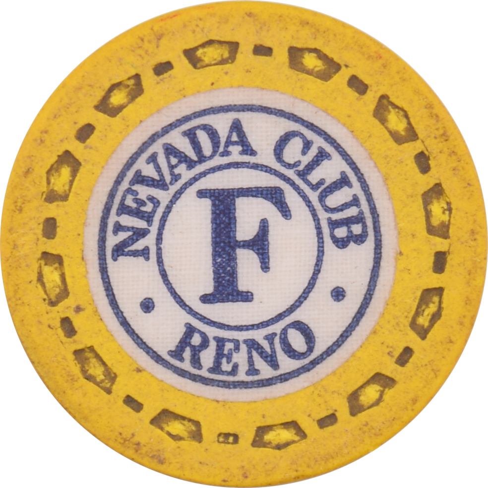 Nevada Club Casino Reno Nevada F Yellow Roulette Chip 1954