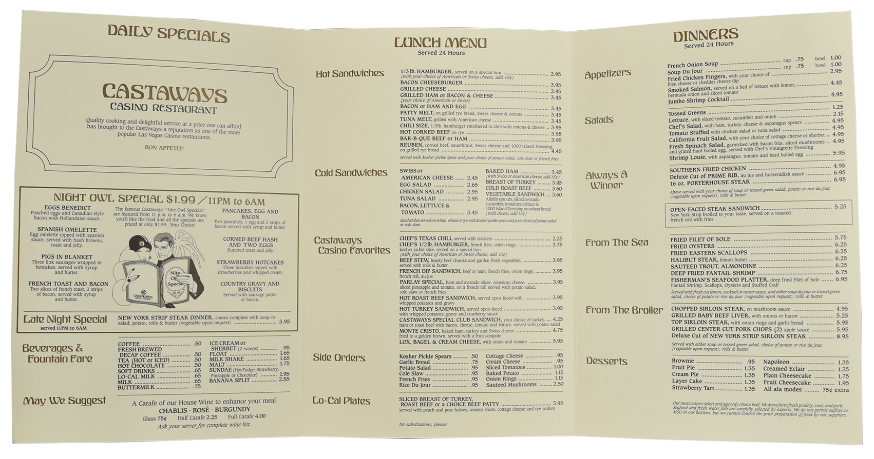 Castaways Casino Las Vegas Nevada Tri-Fold Menu