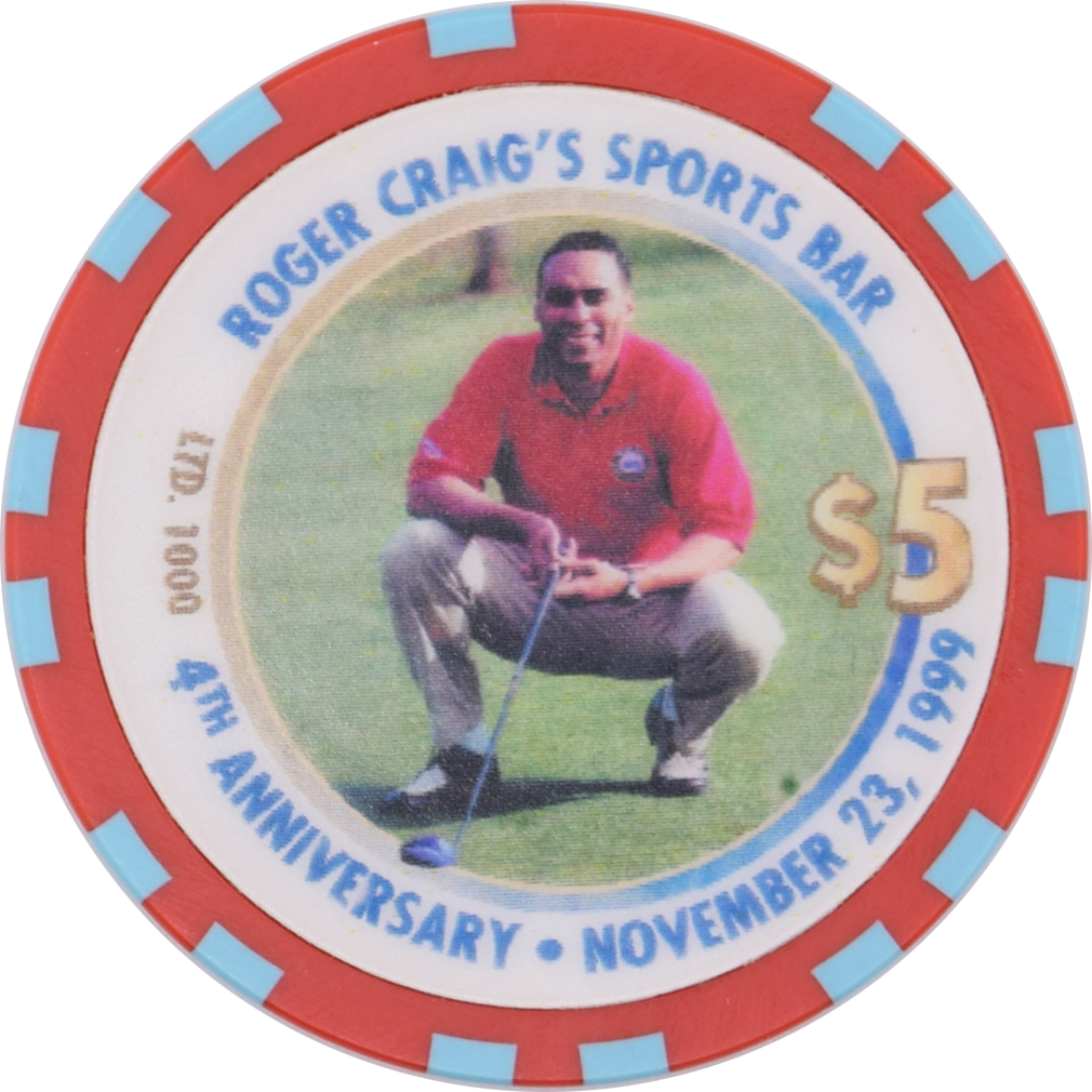 Lady Luck Casino Bettendorf Quad Cities Iowa $5 Roger Craig's Sports Bar 4th Anniversary Chip 1999