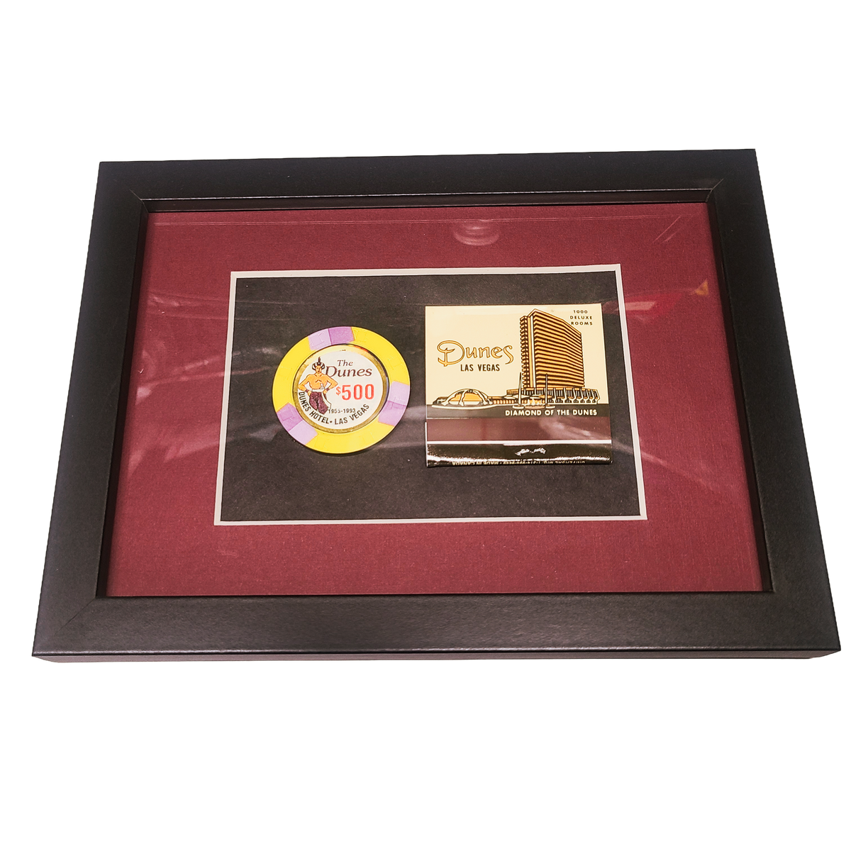 Vintage Casino 7 X 5 Frame Dunes Las Vegas $500 Chip and Matchbook