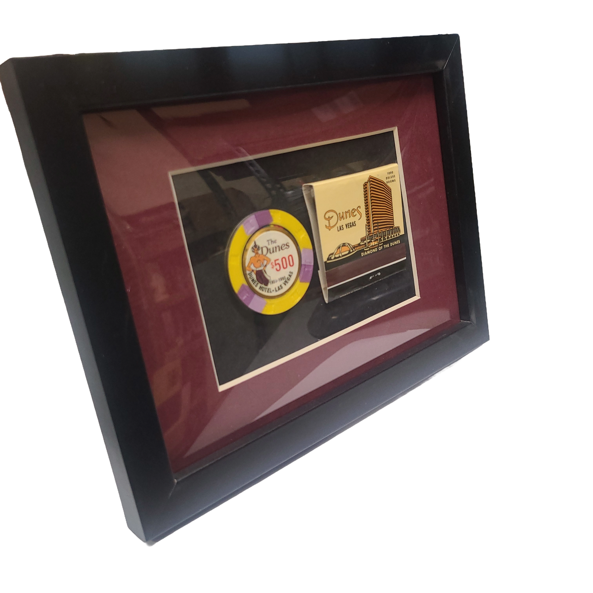Vintage Casino 7 X 5 Frame Dunes Las Vegas $500 Chip and Matchbook