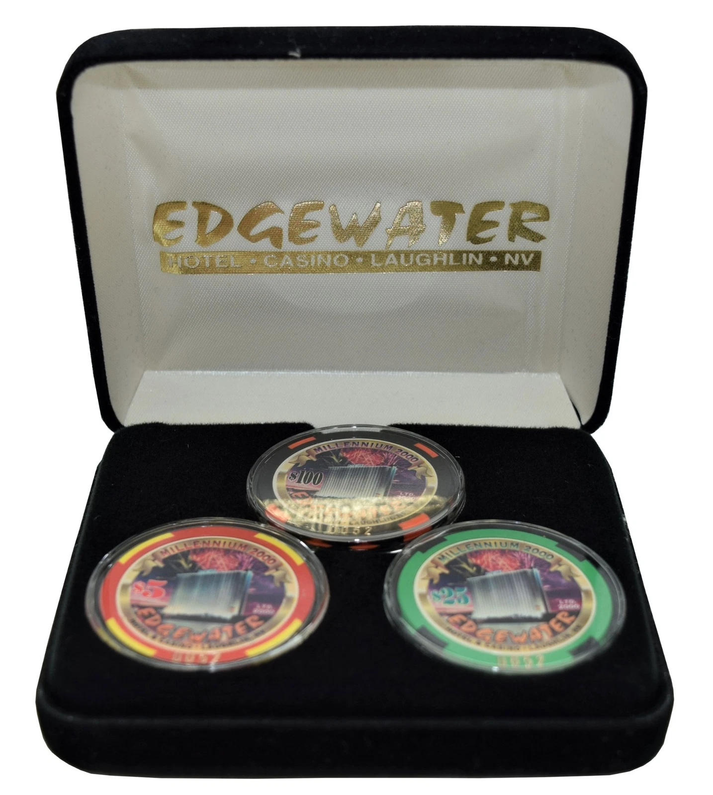 Set of 3 Edgewater $5-$25-$100 Casino Chips #0052 Laughlin NV Millennium Series