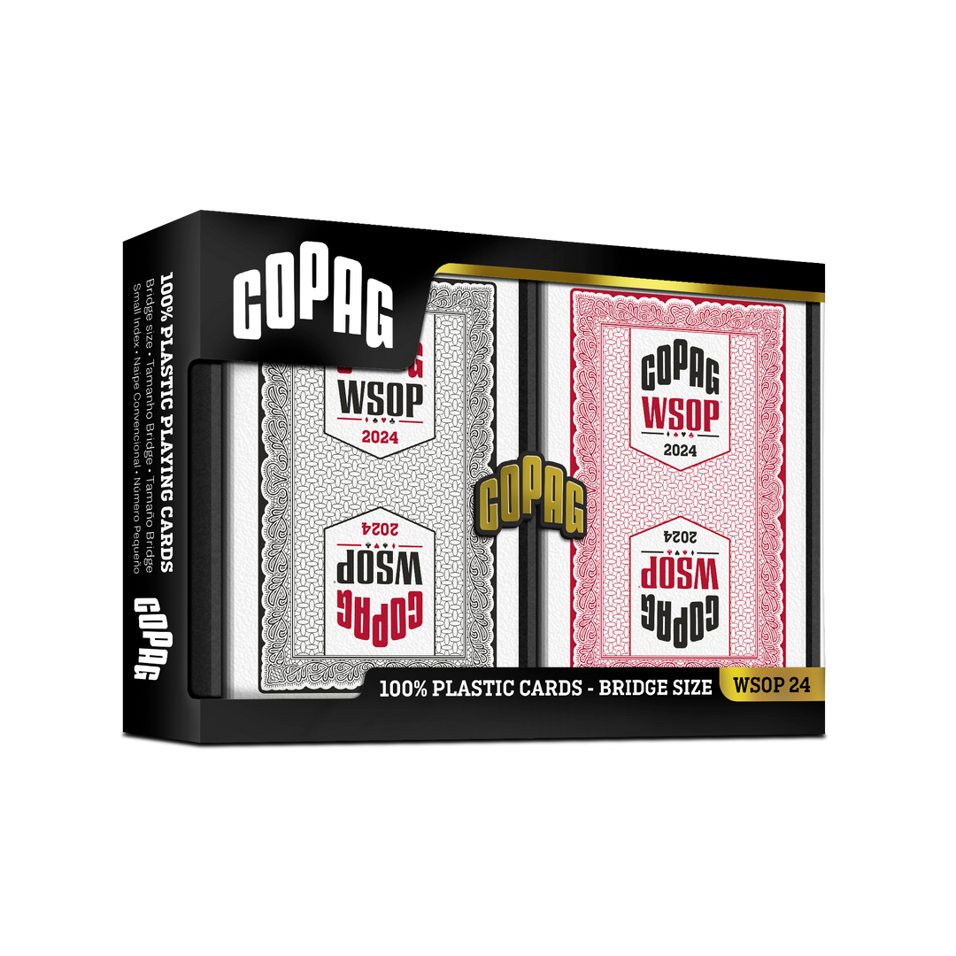 Copag WSOP 2024 Traditional Design 100% Plastic Playing Cards - Narrow Size (Bridge) Regular Index Black/Red Double Deck Set