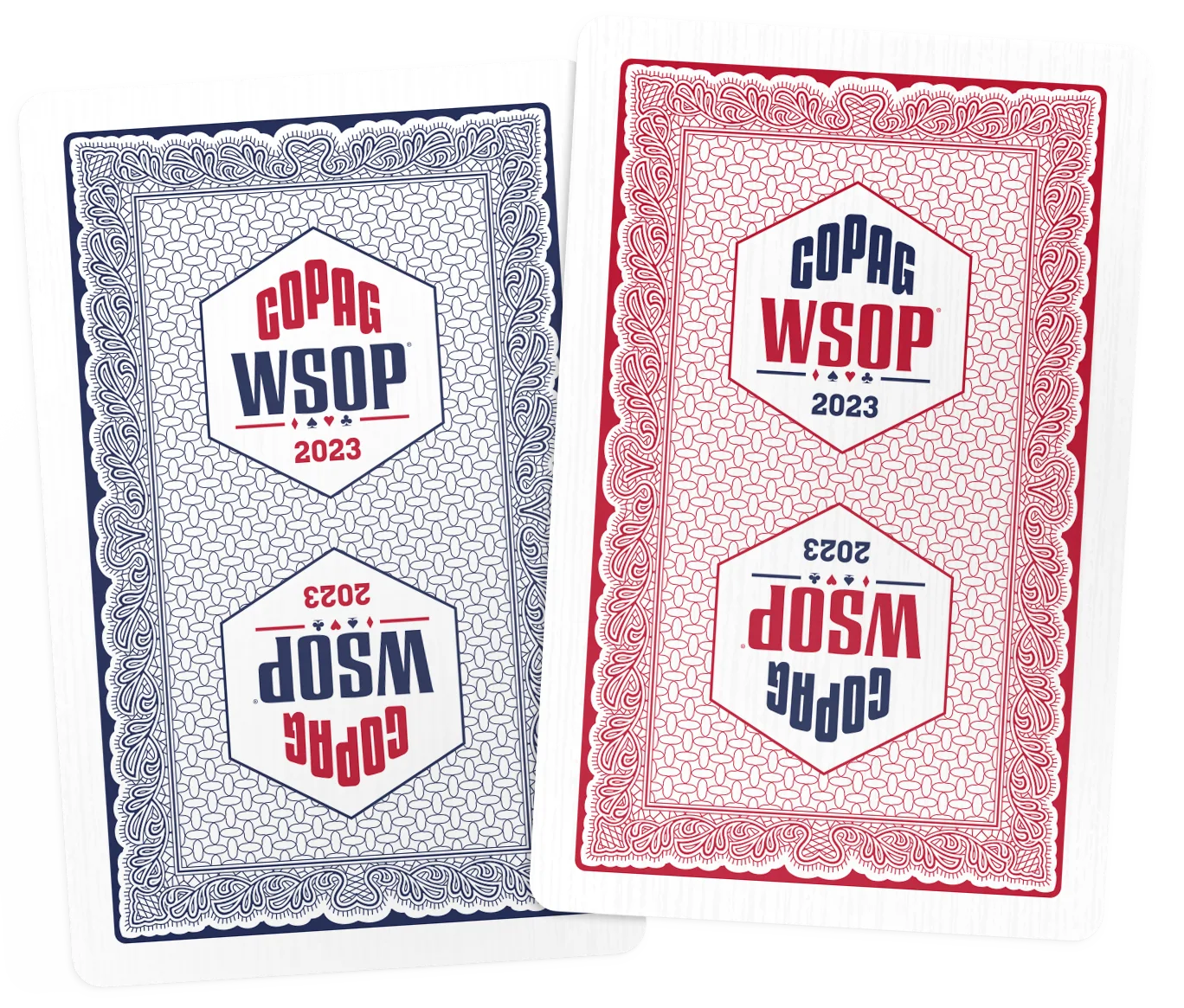 Copag WSOP 2023 Tournament Played 100% Plastic Playing Cards - Narrow Size (Bridge) Blue/Red Double Deck Set