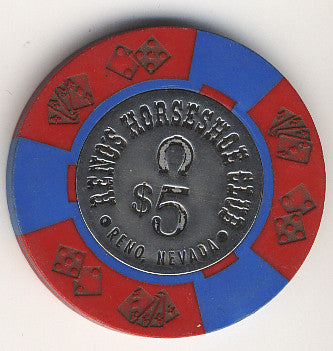 HorseShoe Club Reno $5 (red w/ coin Inlay) chip - Spinettis Gaming