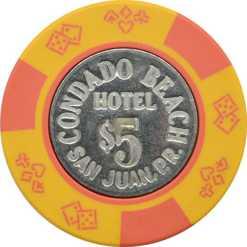 Condado Beach Casino San Juan Puerto Rico $5 Lt Orange Coin Inlay Chip