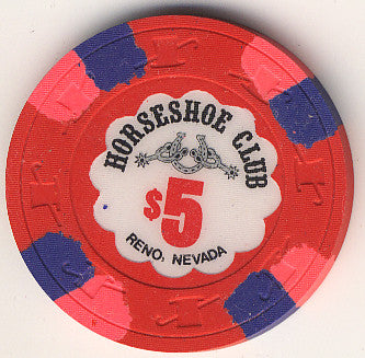 HorseShoe Club Reno $5 (red w/ pnk/blueInserts) chip - Spinettis Gaming