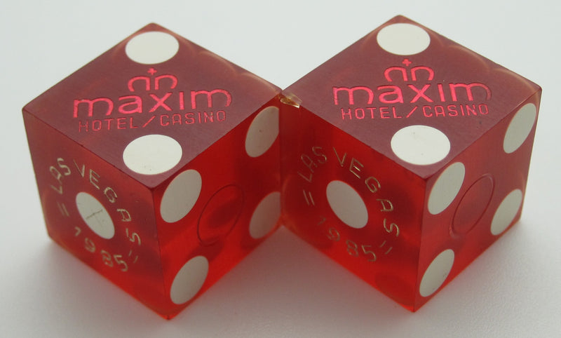 Maxim Hotel and Casino Red Used Dice, One pair 1985 Matching Pair