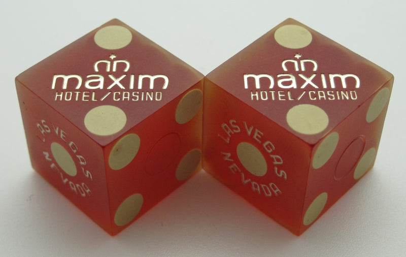 Maxim Hotel and Casino Red Used Dice, One pair 1980's Matching Pair
