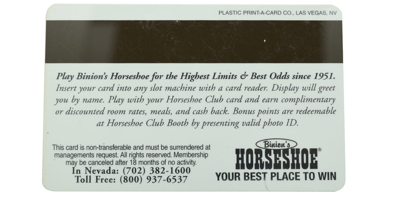 Binion's Horseshoe Casino Las Vegas Nevada Valued Member Slot Club Card