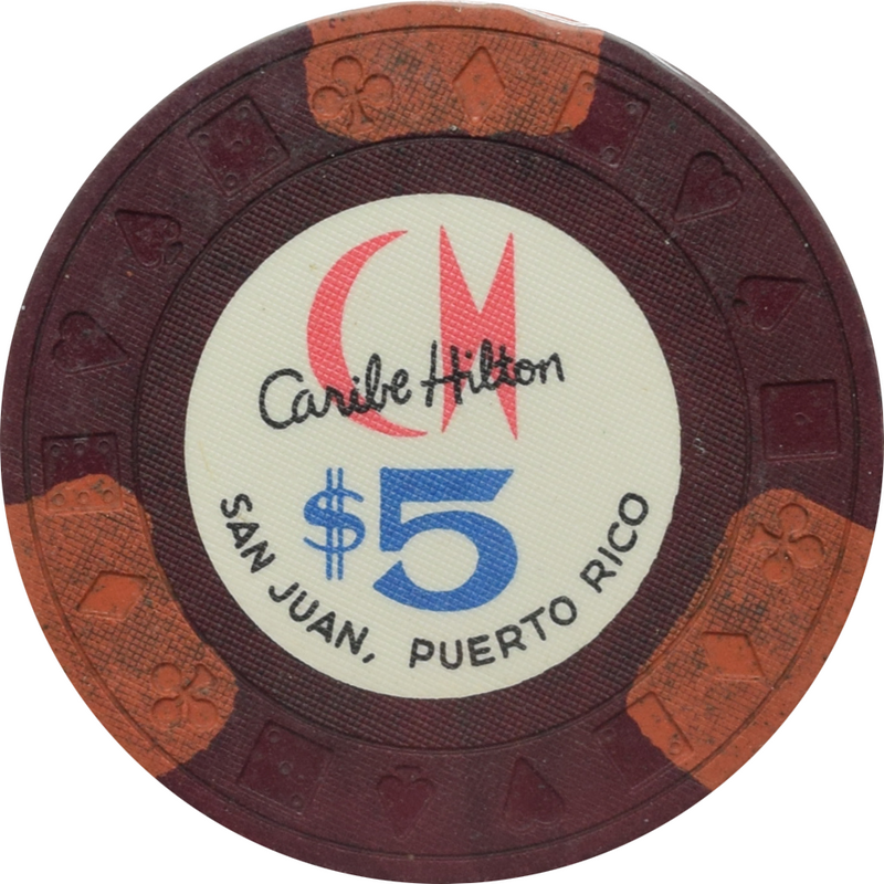 Caribe Hilton Casino San Juan Puerto Rico $5 Ewing Brown Edge Spots Chip