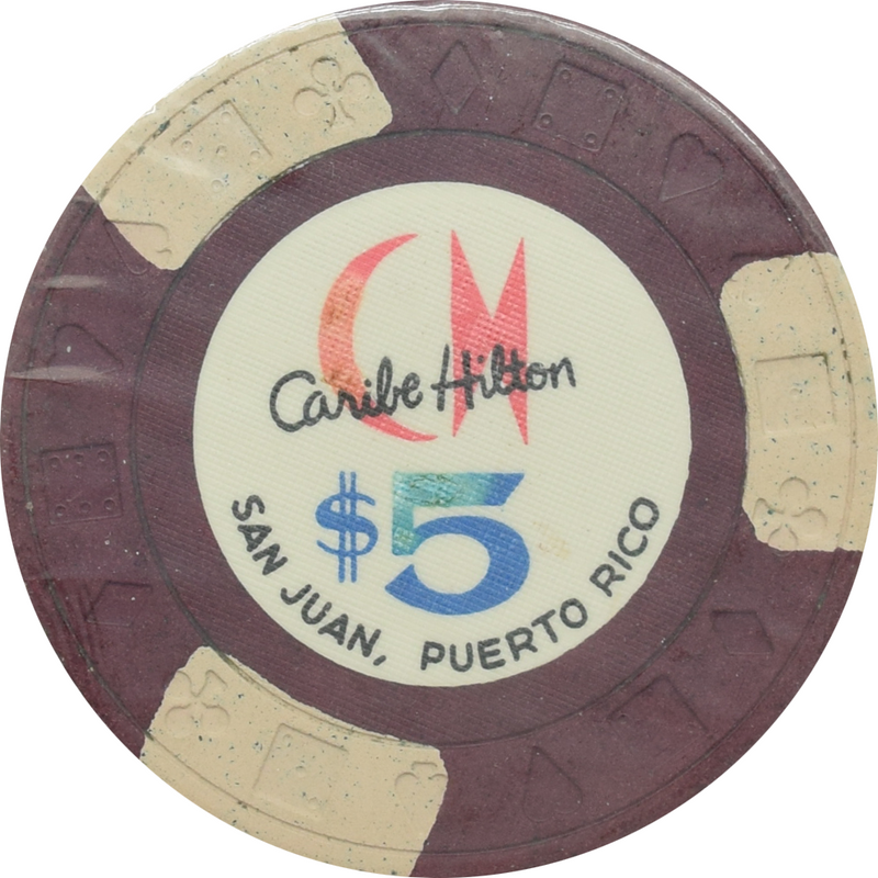 Caribe Hilton Casino San Juan Puerto Rico $5 Ewing 3 White Edge Spots Chip